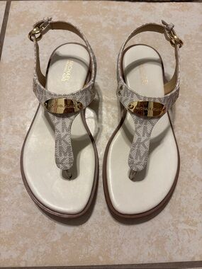 Michael Kors Beige Logo Thong Sandals with Gold Accent